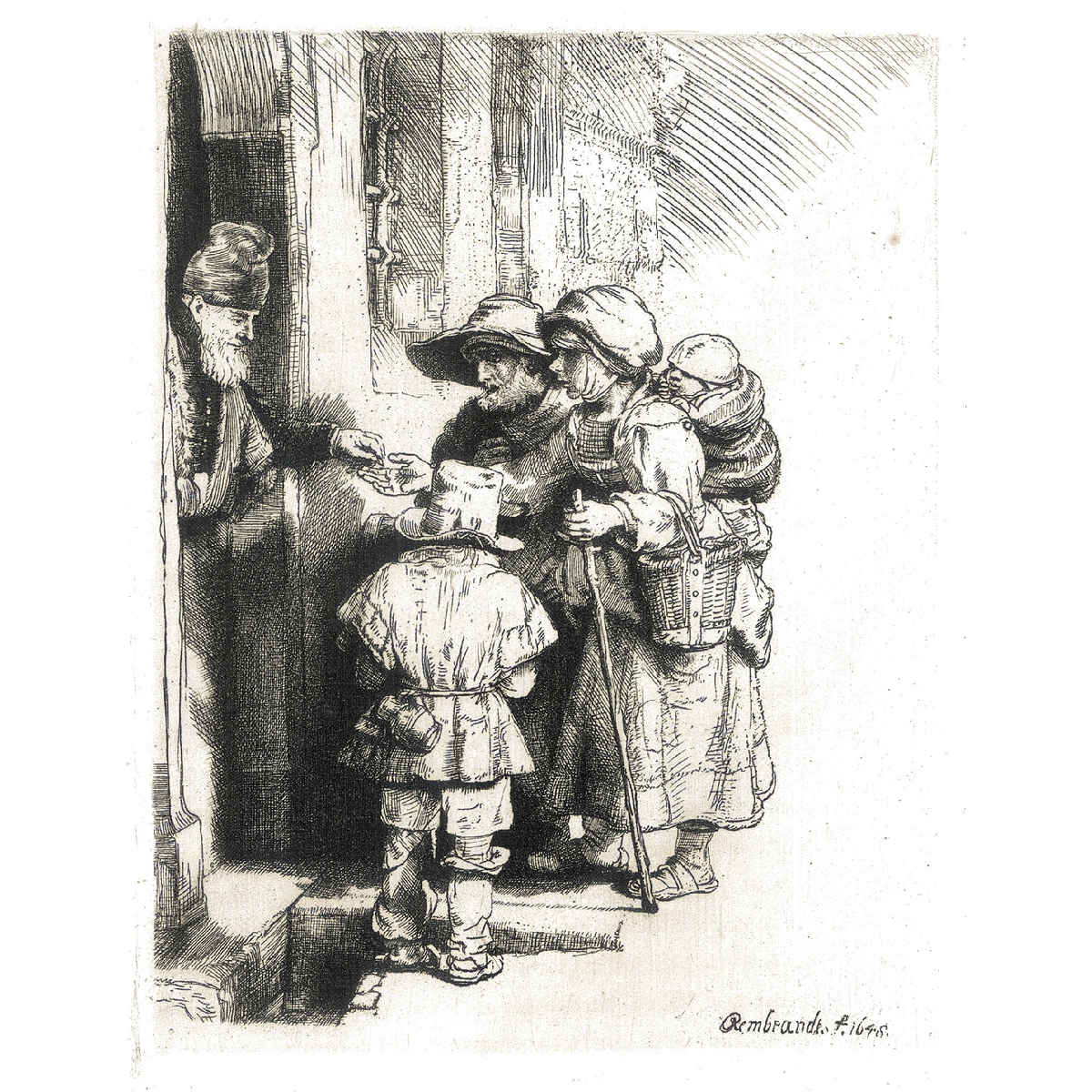 A blind hurdy-gurdy player and family receiving alms